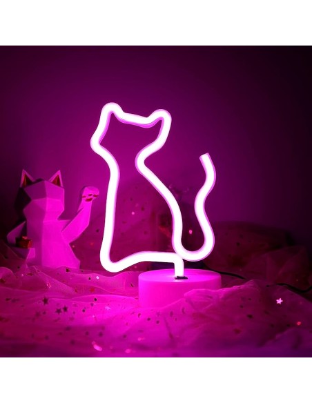 Lampada con base a neon a forma di gatto rosa con LED.